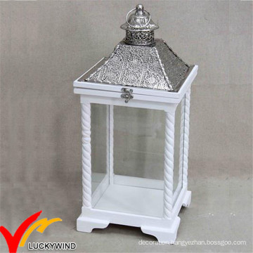 S/2 White Antique Vintage Distressed Wooden Candle Lantern with Metal Top for Wedding Decor